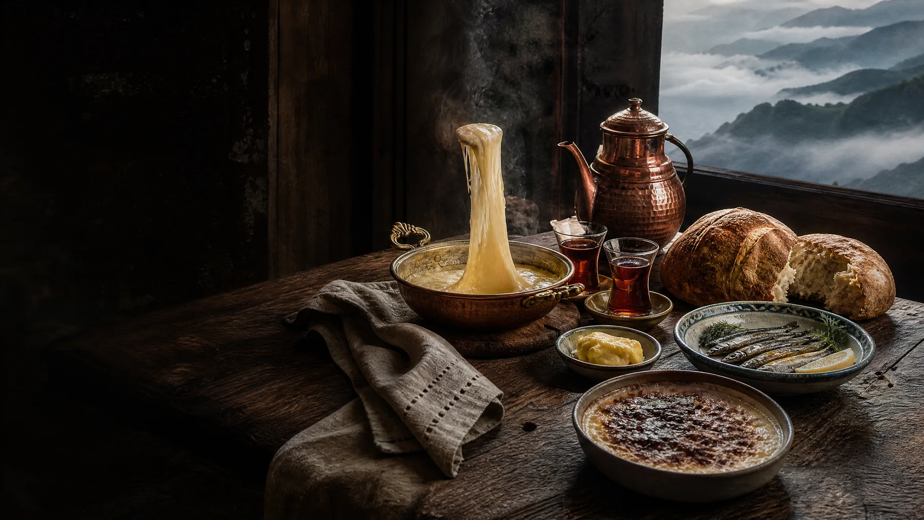 Kuymak, Hamsiköy sütlacı, Vakfıkebir ekmeği ve bakır demlikte çay bulunan Trabzon sofrası